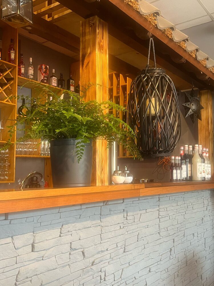 Bar mit Holzverkleidung, Flaschenregal und Zimmerpflanzen